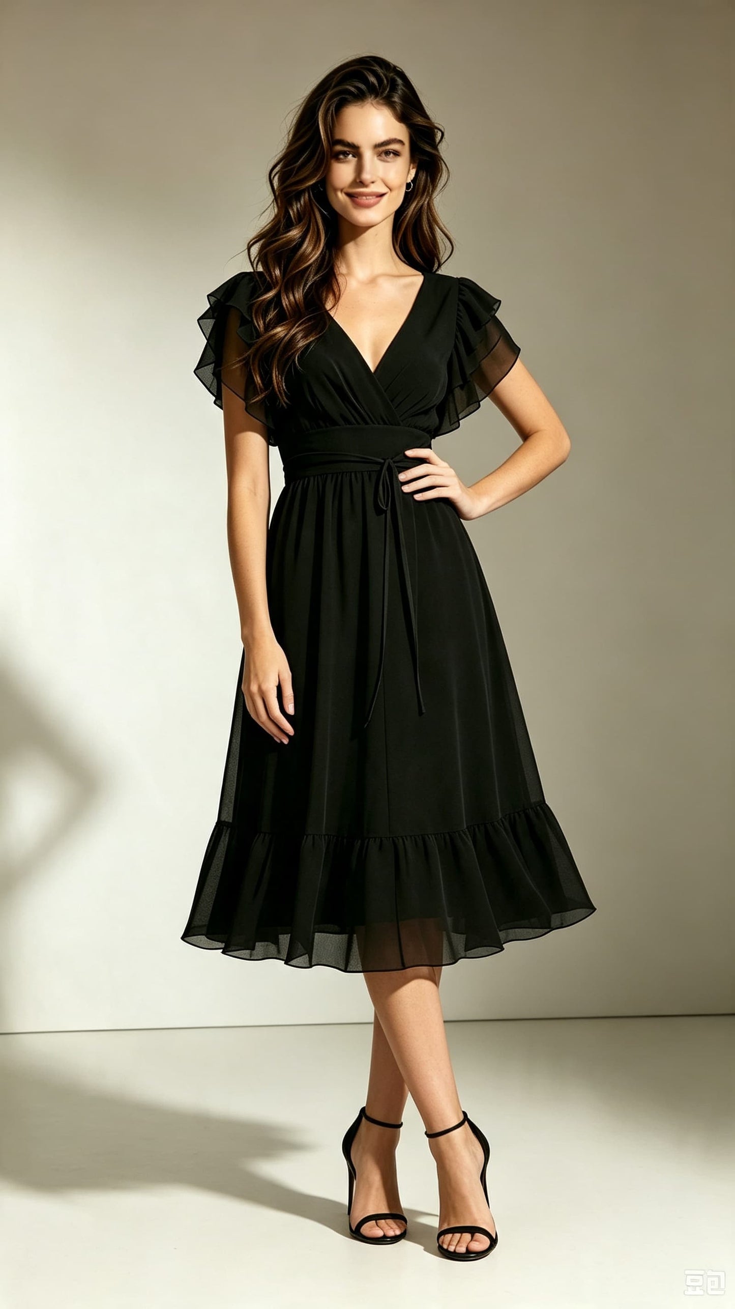 Lightweight A-line Black Bridesmaid Gowns V Neck Chiffon Midi Length Formal Dress LFNL0707