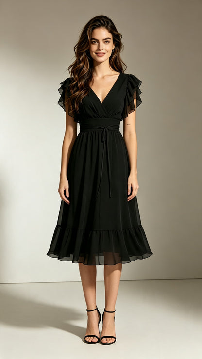 Lightweight A-line Black Bridesmaid Gowns V Neck Chiffon Midi Length Formal Dress LFNL0707