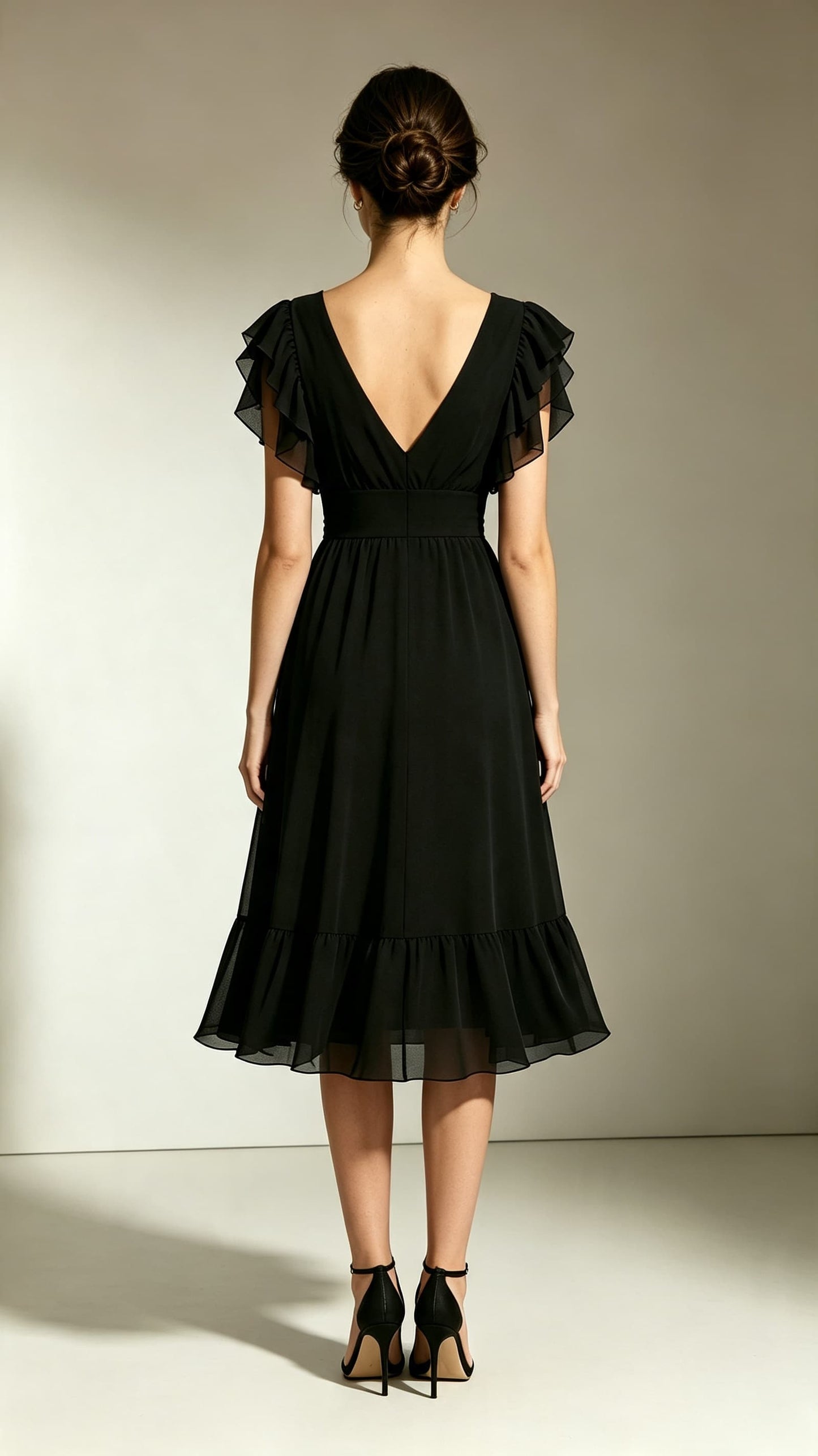 Lightweight A-line Black Bridesmaid Gowns V Neck Chiffon Midi Length Formal Dress LFNL0707