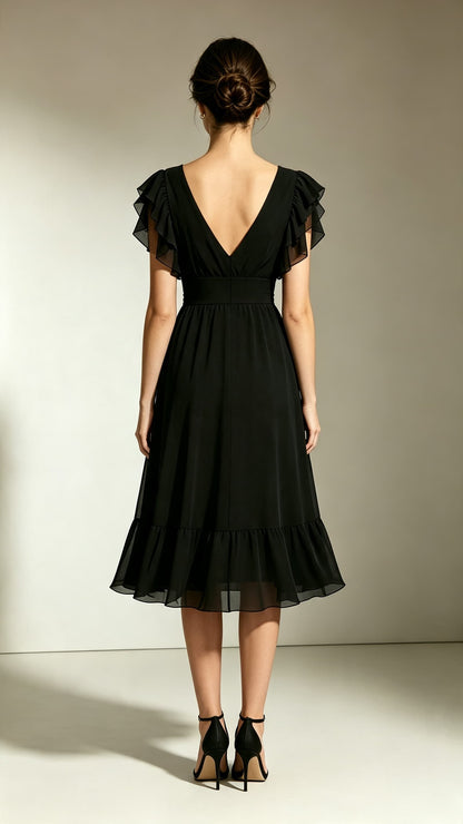 Lightweight A-line Black Bridesmaid Gowns V Neck Chiffon Midi Length Formal Dress LFNL0707