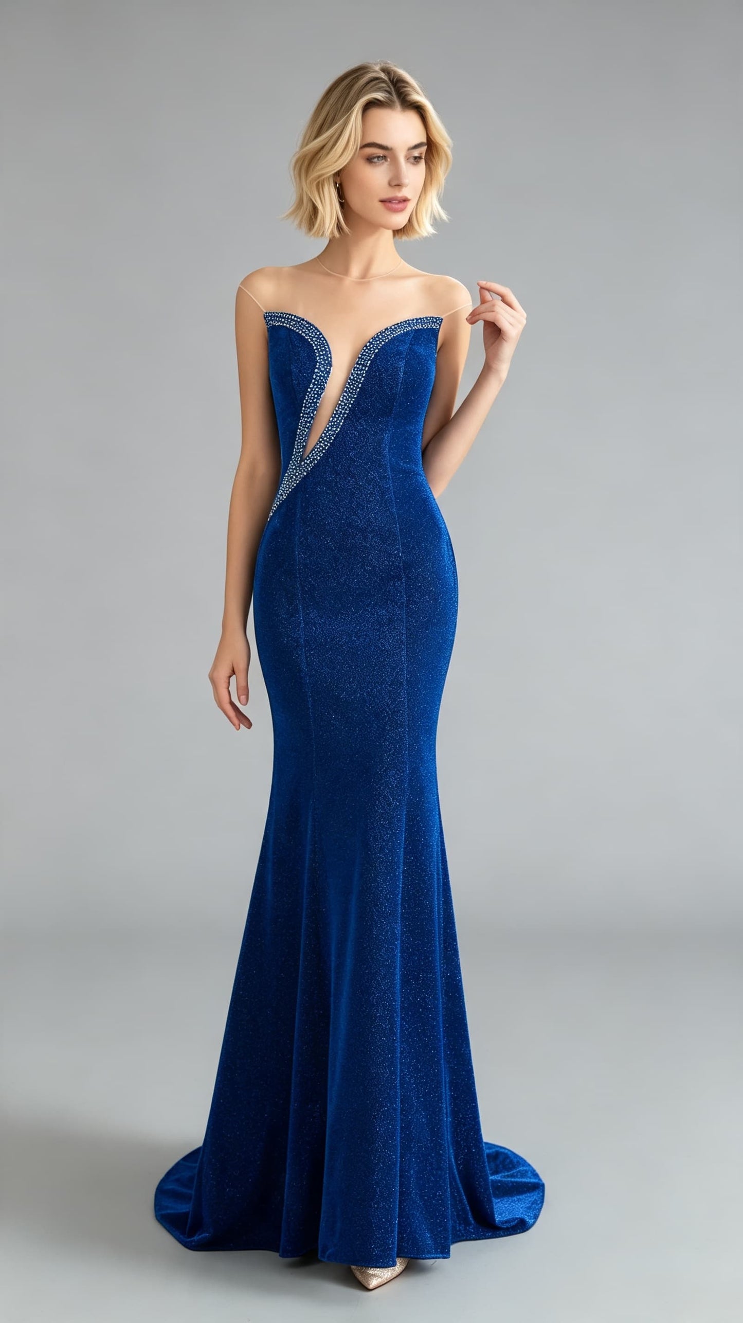 Dreamy Mermaid Blue Evening Gowns Round Neck Sequins Maxi Dress LFNL0647