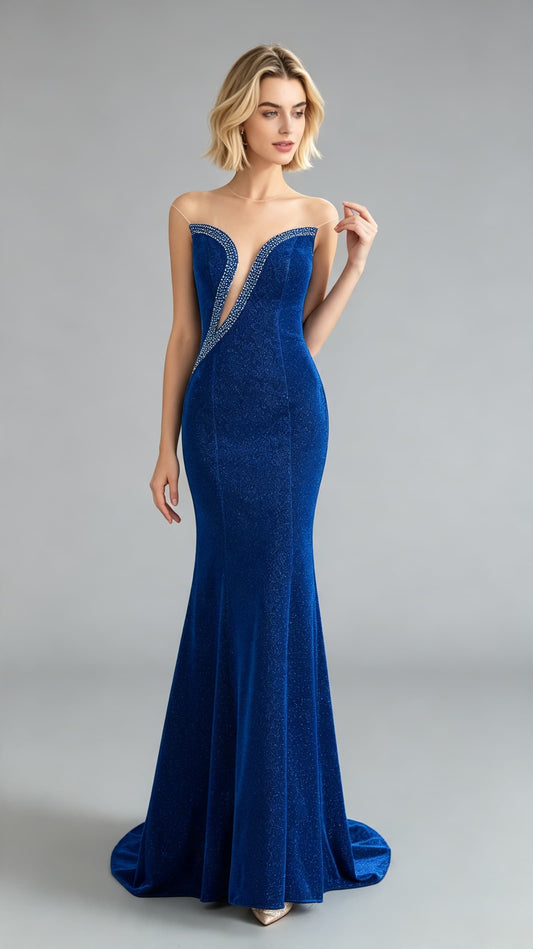Dreamy Mermaid Blue Evening Gowns Round Neck Sequins Maxi Dress LFNL0647