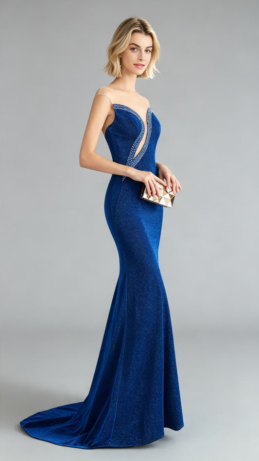 Dreamy Mermaid Blue Evening Gowns Round Neck Sequins Maxi Dress LFNL0647