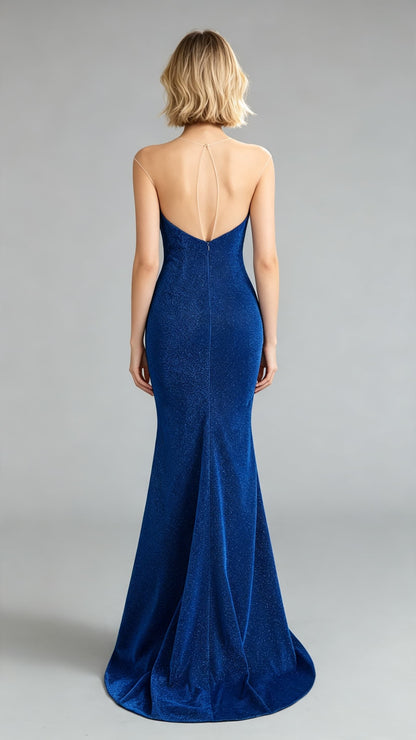 Dreamy Mermaid Blue Evening Gowns Round Neck Sequins Maxi Dress LFNL0647