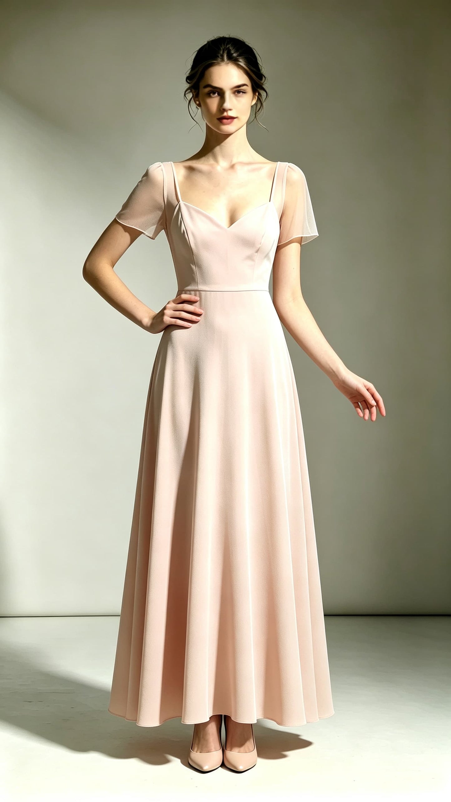 Eye-catching A-line Pink Bridesmaid Gowns V Neck Polyester Long Prom Gowns LFNL0738