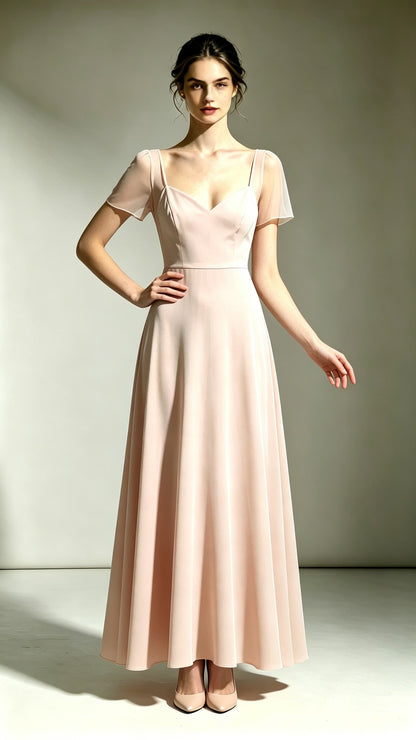 Eye-catching A-line Pink Bridesmaid Gowns V Neck Polyester Long Prom Gowns LFNL0738