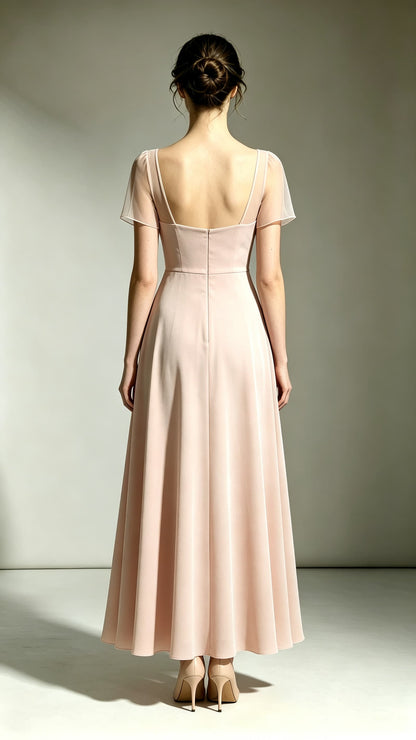 Eye-catching A-line Pink Bridesmaid Gowns V Neck Polyester Long Prom Gowns LFNL0738