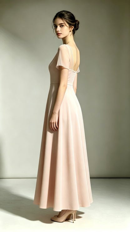 Eye-catching A-line Pink Bridesmaid Gowns V Neck Polyester Long Prom Gowns LFNL0738