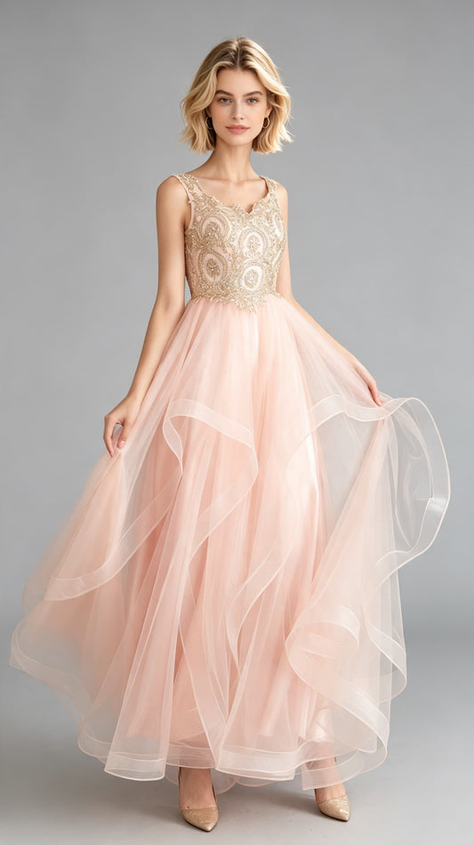 Lightweight A-line Pink Homecoming Dress V Neck Tulle Maxi Dress LFNL0643