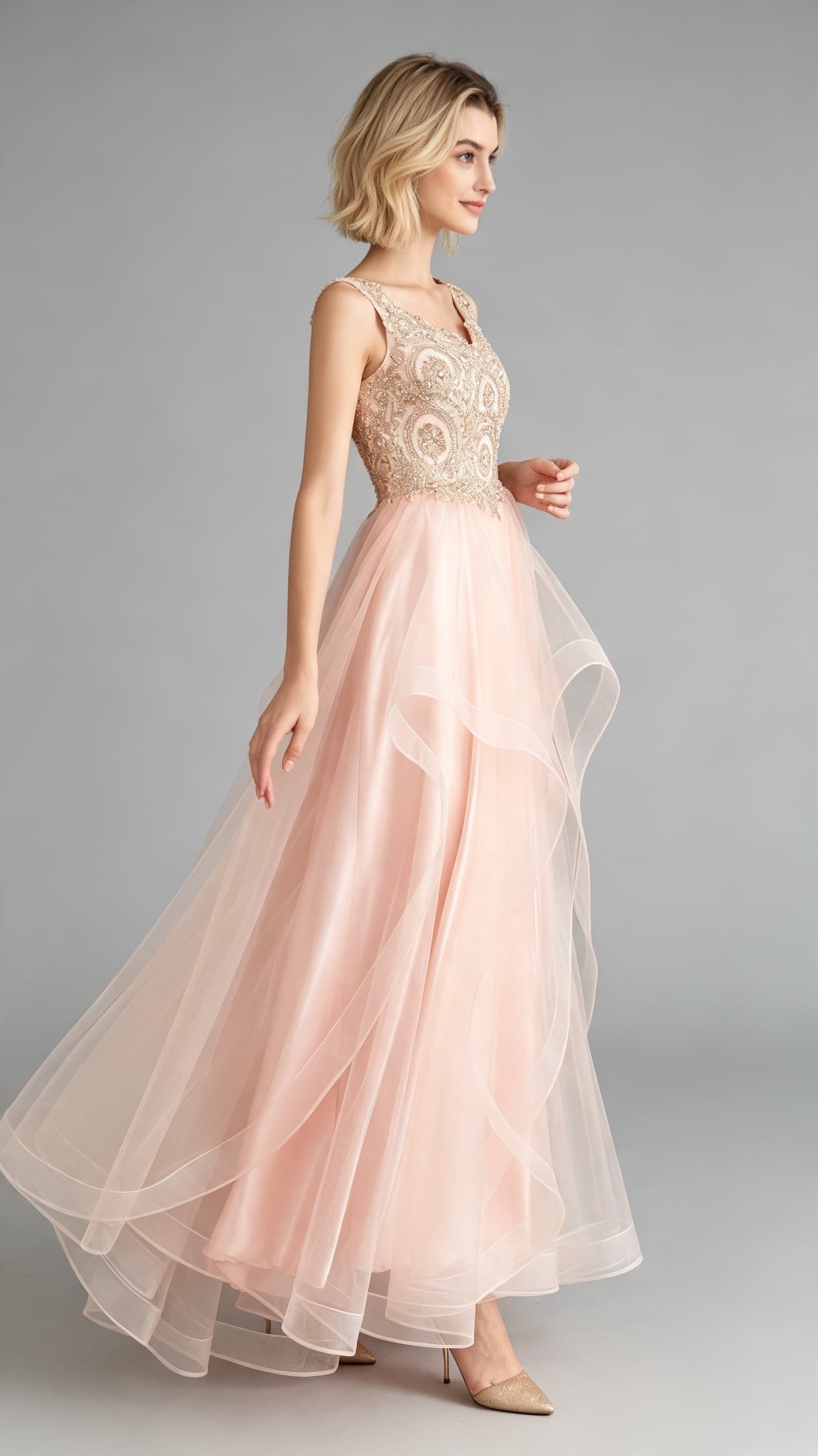 Lightweight A-line Pink Homecoming Dress V Neck Tulle Maxi Dress LFNL0643