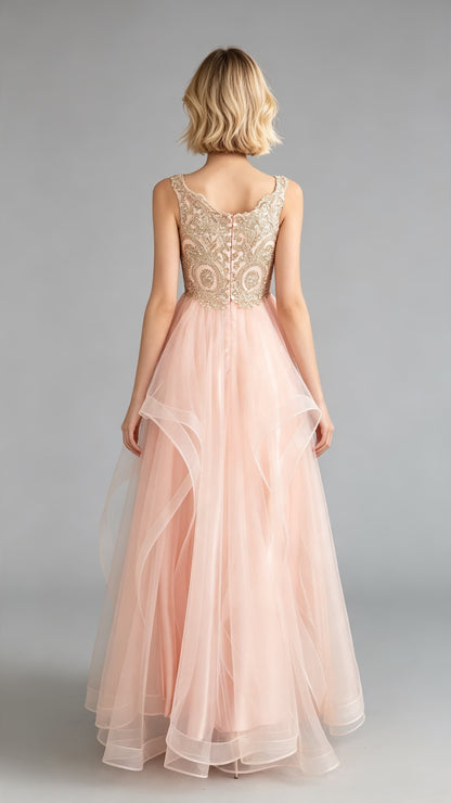 Lightweight A-line Pink Homecoming Dress V Neck Tulle Maxi Dress LFNL0643