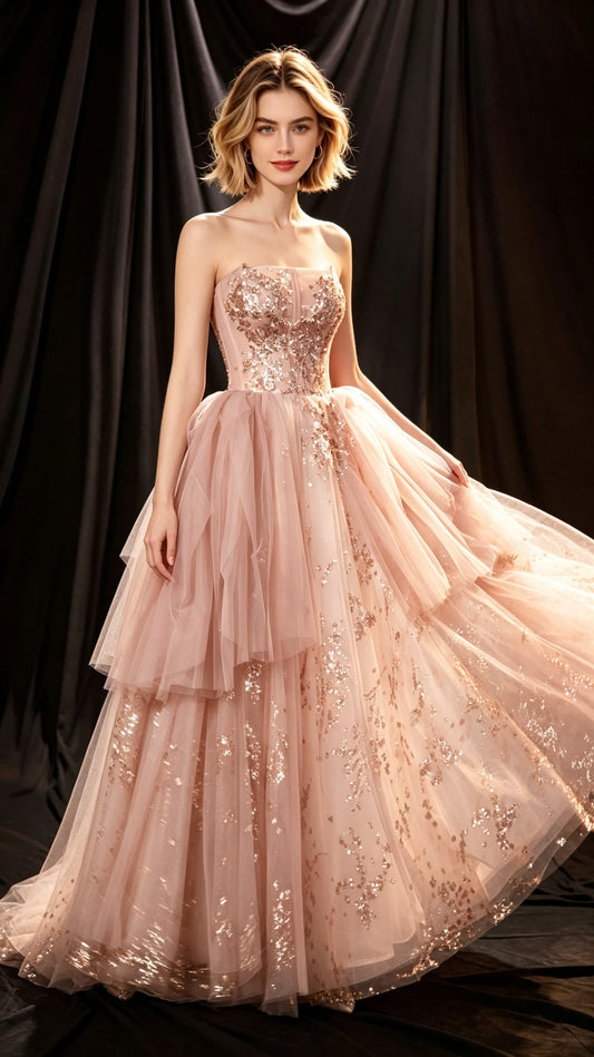 Elegant A-line Champange Evening Dress Strapless Tulle Long Formal Dress LFNC0357