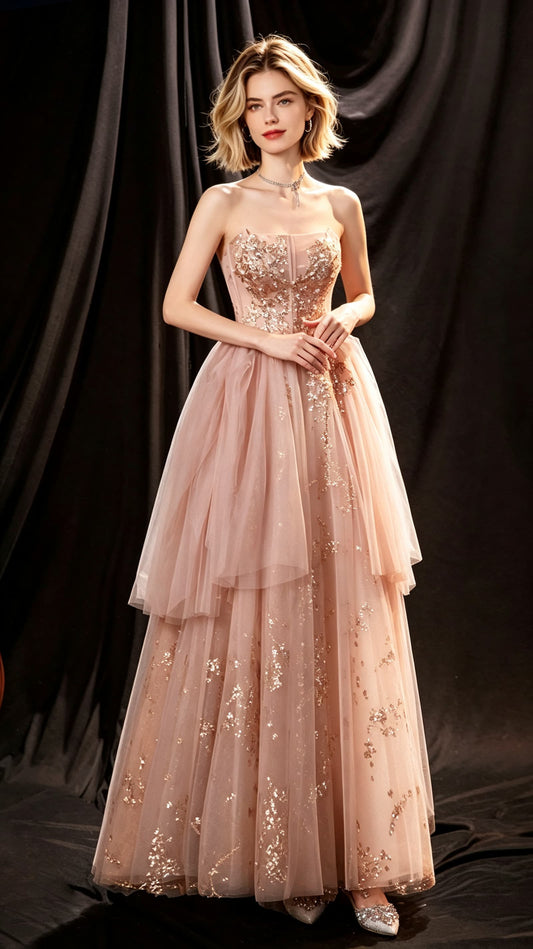 Elegant A-line Champange Evening Dress Strapless Tulle Long Formal Dress LFNC0357