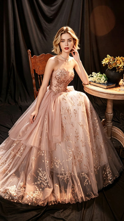 Elegant A-line Champange Evening Dress Strapless Tulle Long Formal Dress LFNC0357