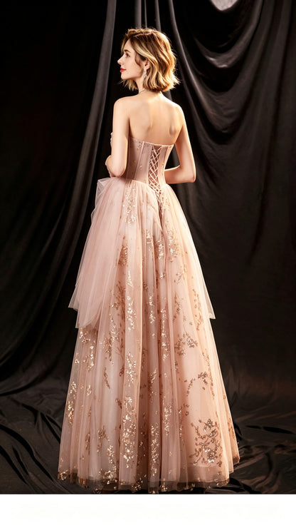 Elegant A-line Champange Evening Dress Strapless Tulle Long Formal Dress LFNC0357