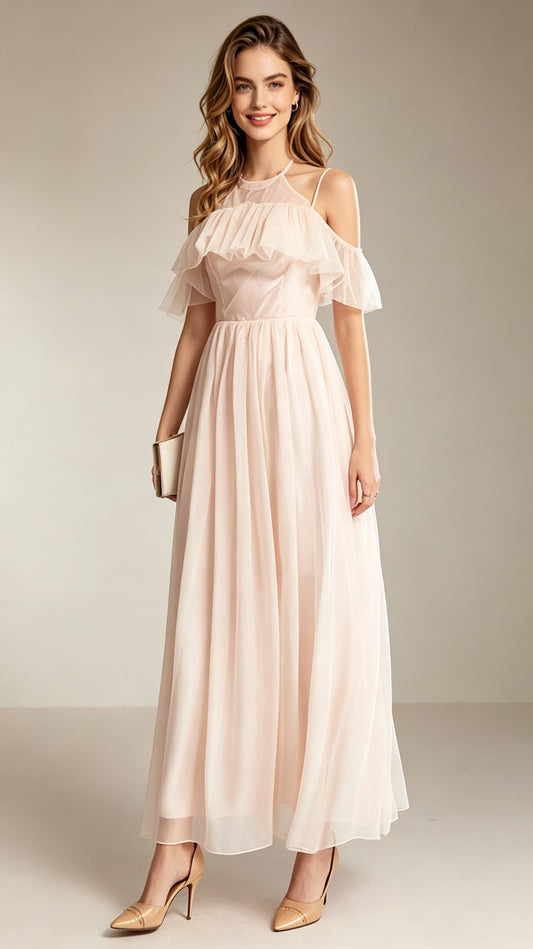 Beautiful tailored A-line Pink Bridesmaid dress Chiffon Long Formal Dress LFNC0077