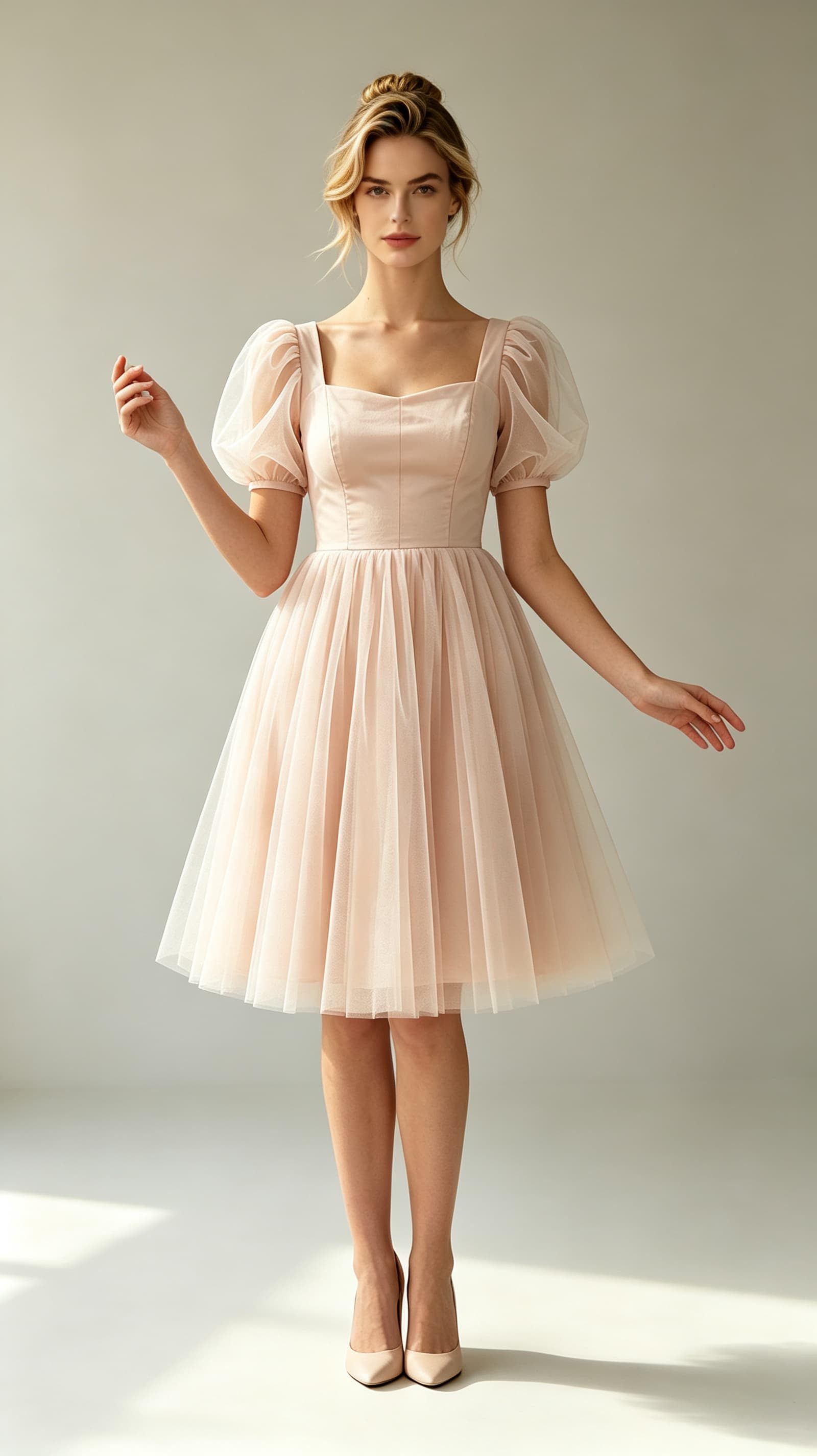 Blush pink A‑line tulle mini gown, square neck puffed short tulle sleeves custom semi‑formal dress