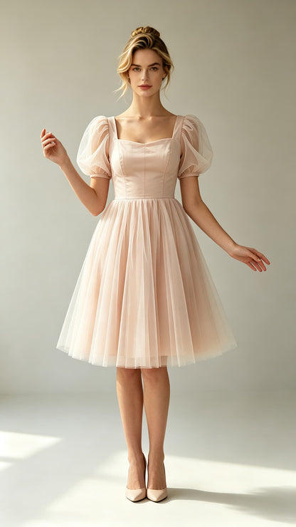 Blush pink A‑line tulle mini gown, square neck puffed short tulle sleeves custom semi‑formal dress