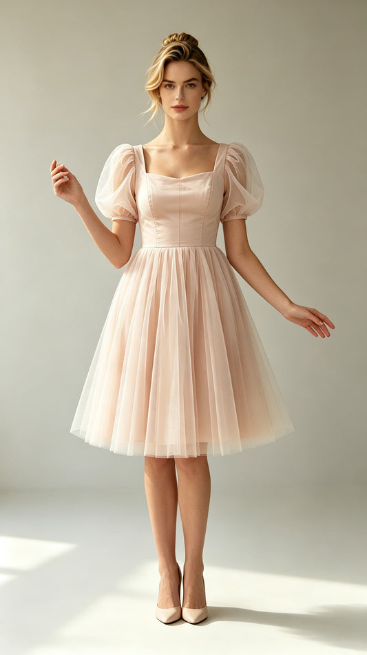 Blush pink A‑line tulle mini gown, square neck puffed short tulle sleeves custom semi‑formal dress