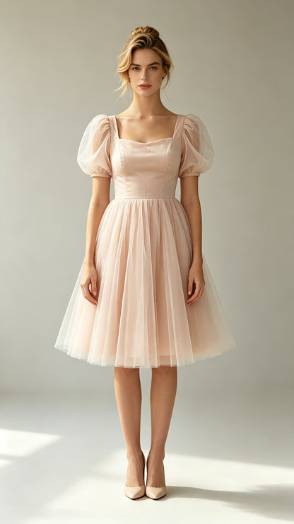Effortless A-line Pink Evening Gowns Square Tulle Mini Gowns LFNL0775