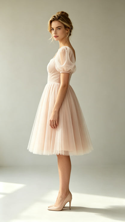 Effortless A-line Pink Evening Gowns Square Tulle Mini Gowns LFNL0775