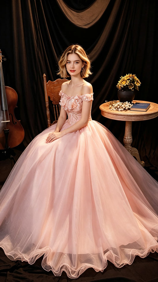 Dreamy A-line Pink Evening Gowns Off the Shoulder Tulle Long Formal Dress LFNC0377