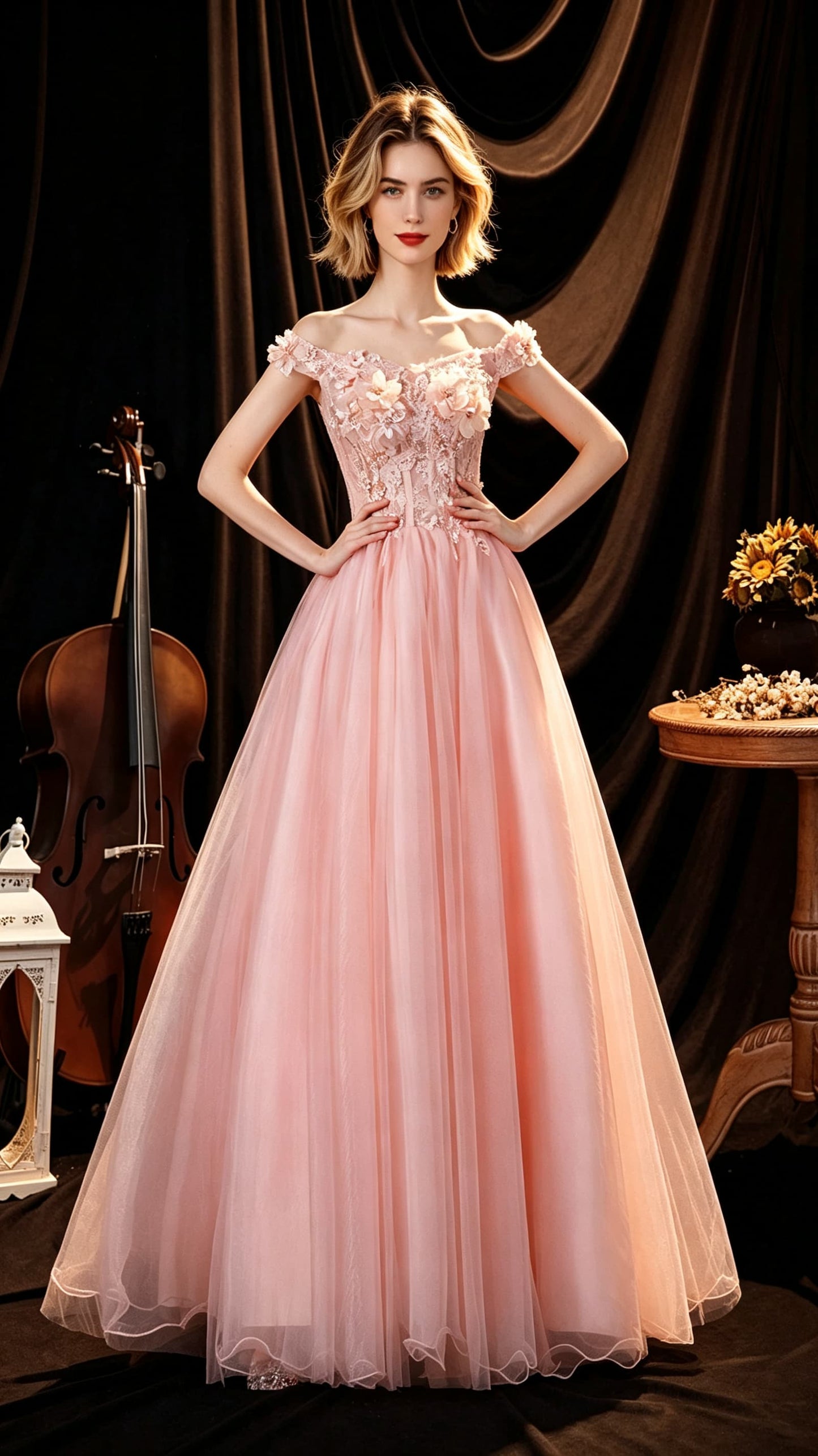 Dreamy A-line Pink Evening Gowns Off the Shoulder Tulle Long Formal Dress LFNC0377