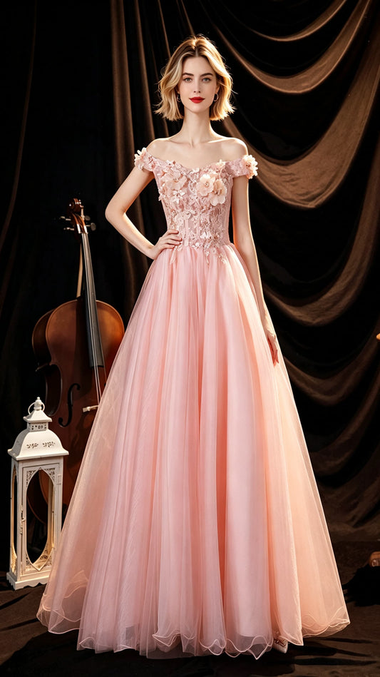 Dreamy A-line Pink Evening Gowns Off the Shoulder Tulle Long Formal Dress LFNC0377