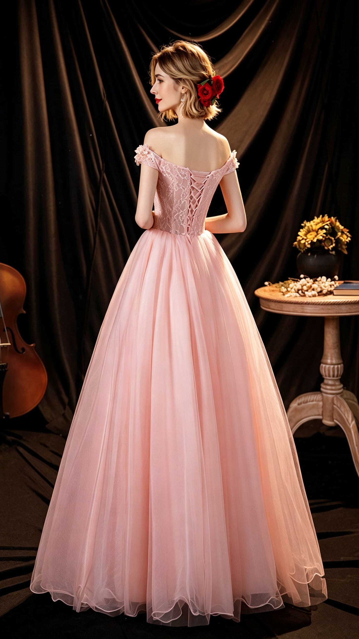 Dreamy A-line Pink Evening Gowns Off the Shoulder Tulle Long Formal Dress LFNC0377