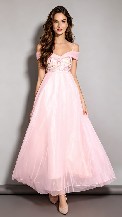 Lightweight Off Shoulder Pink Evening Gowns Tulle Long Formal Dress LFNC0022