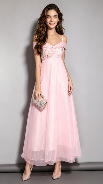 Lightweight Off Shoulder Pink Evening Gowns Tulle Long Formal Dress LFNC0022
