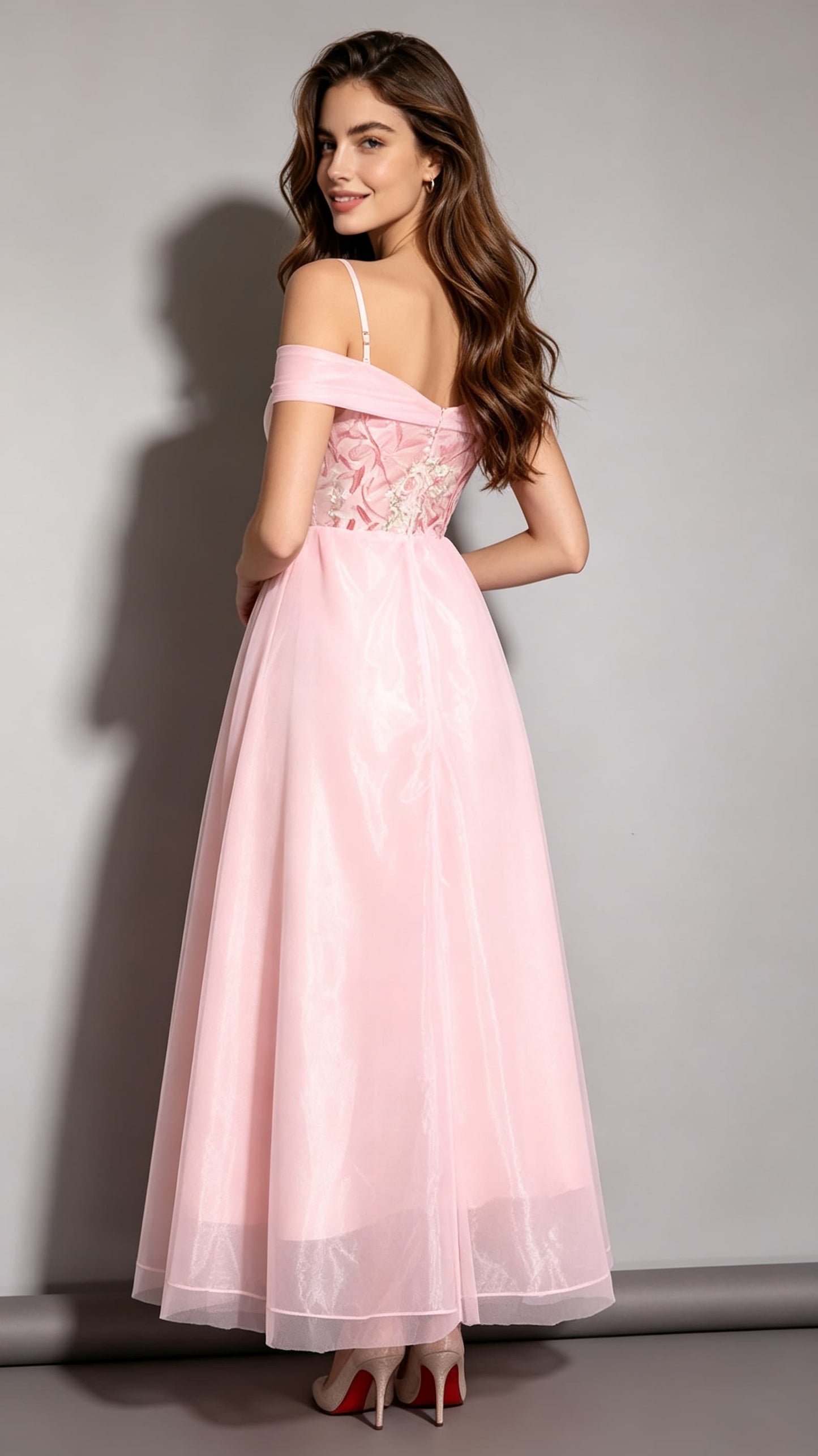 Lightweight Off Shoulder Pink Evening Gowns Tulle Long Formal Dress LFNC0022
