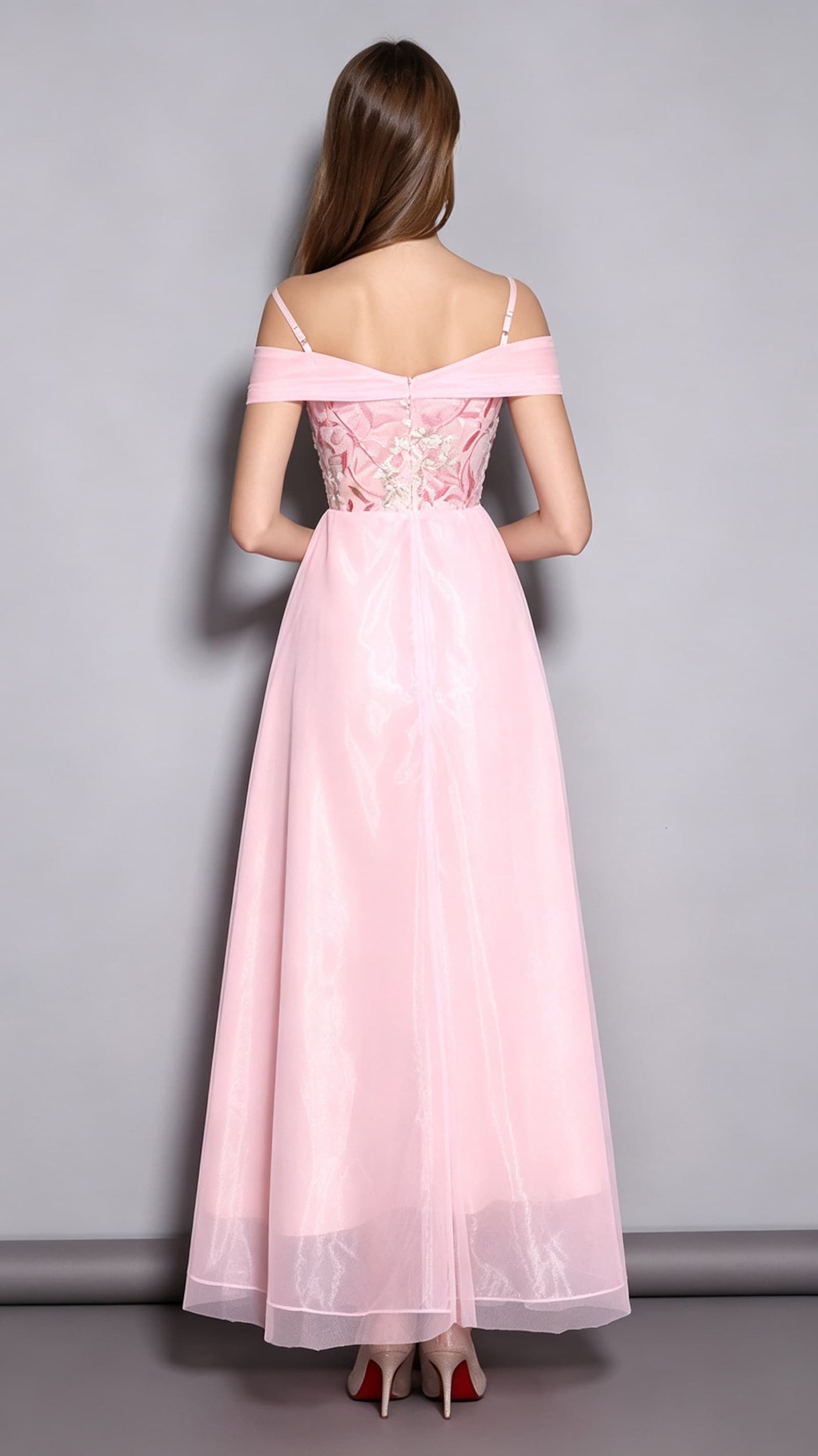 Lightweight Off Shoulder Pink Evening Gowns Tulle Long Formal Dress LFNC0022