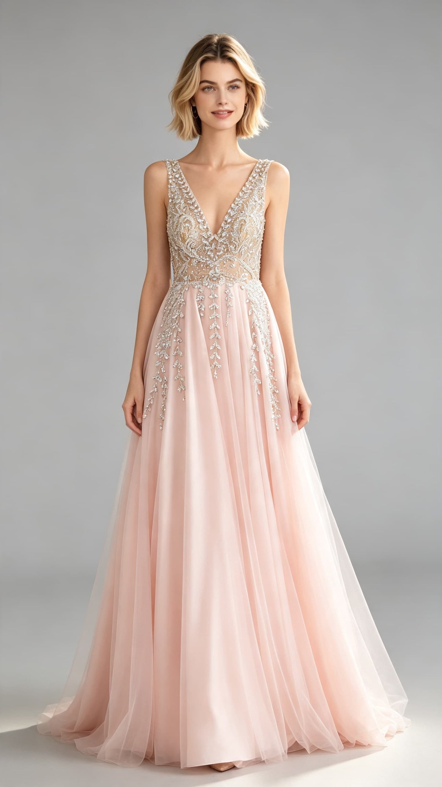 Lovely A-line Pink Evening Gowns V Neck Tulle&Beads Maxi Dress LFNL0644