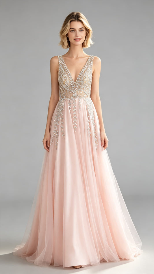 Lovely A-line Pink Evening Gowns V Neck Tulle&Beads Maxi Dress LFNL0644
