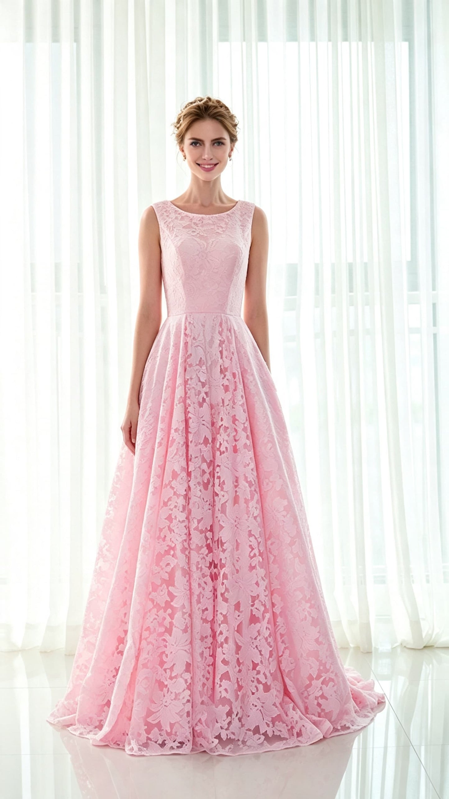Stunning A-line Pink Evening Gowns Round Neck Lace Long Formal Dress LFNL0585