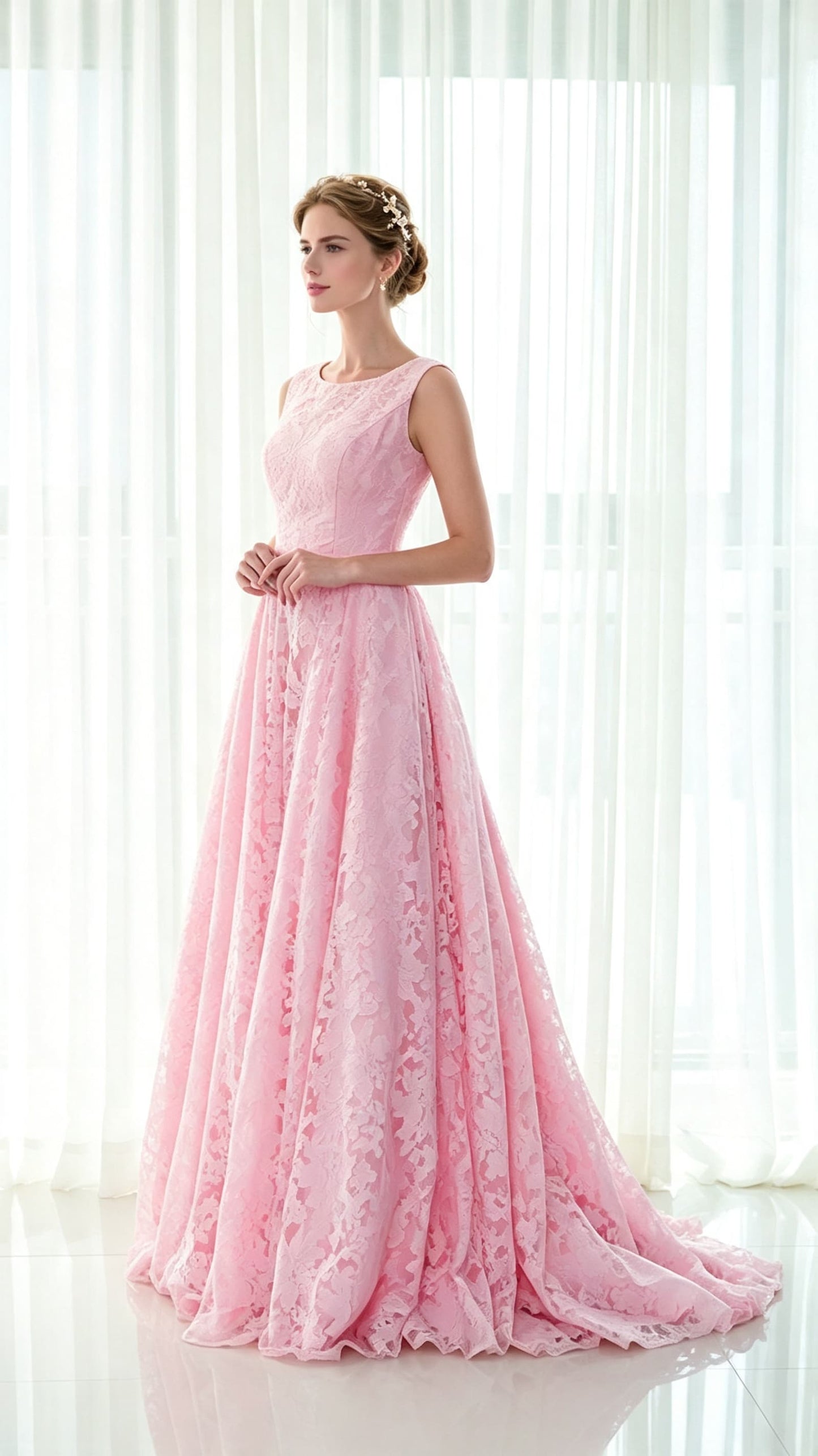 Stunning A-line Pink Evening Gowns Round Neck Lace Long Formal Dress LFNL0585