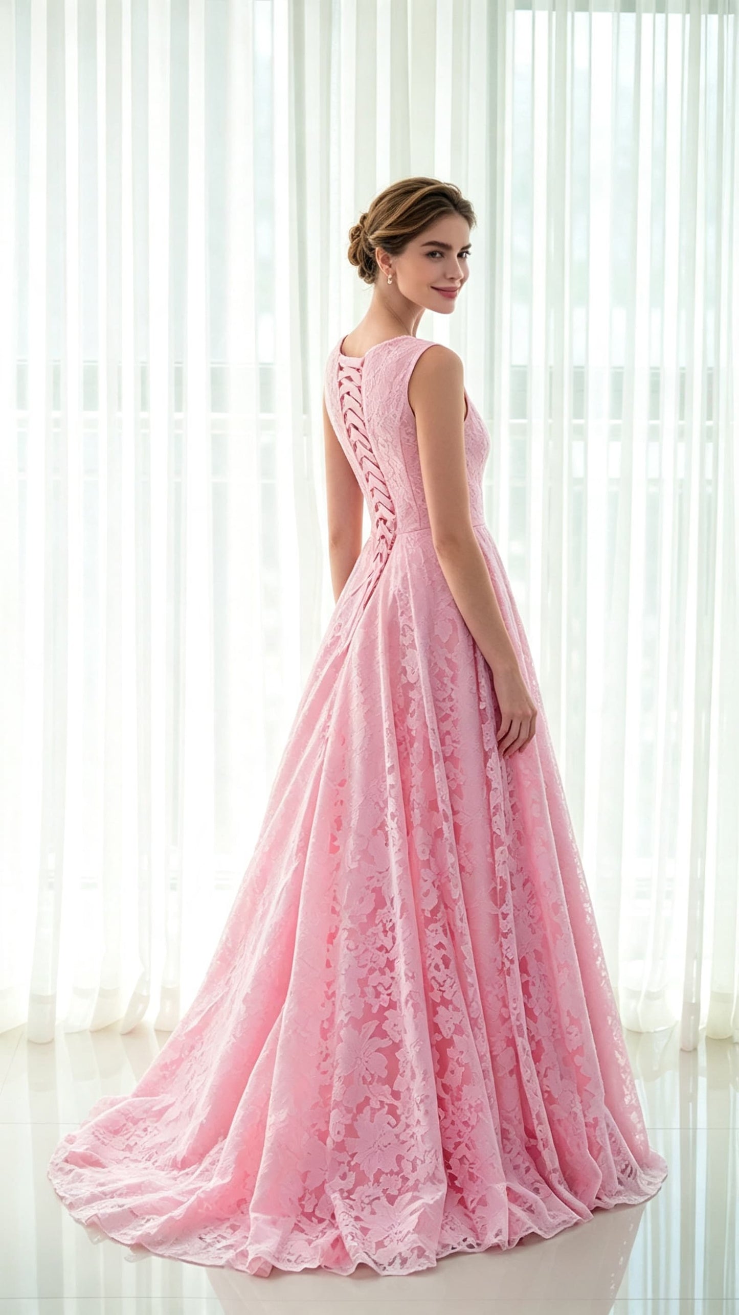 Stunning A-line Pink Evening Gowns Round Neck Lace Long Formal Dress LFNL0585