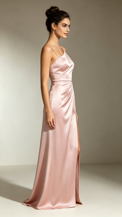 Romantic Mermaid Pink Evening Gowns Straps Satin Maxi Dress LFNL0807