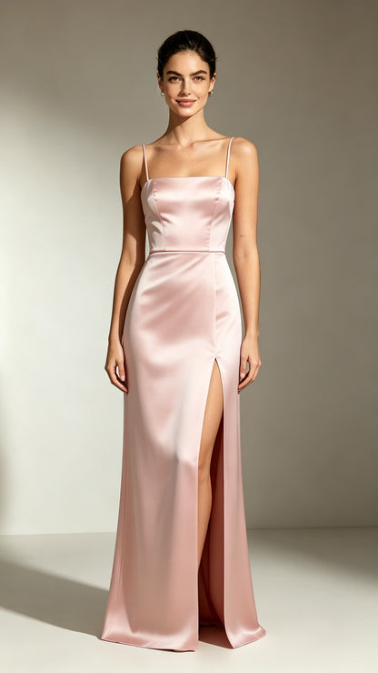 Elegant Mermaid Pink Evening Gowns Straps Satin Maxi Dress LFNL0806