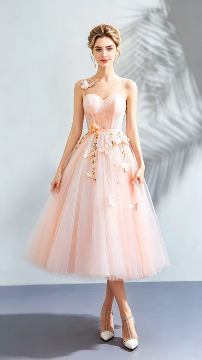 Soft A-line Pink Evening Dress Round Neck Tulle Short Formal Dress LFNC0416