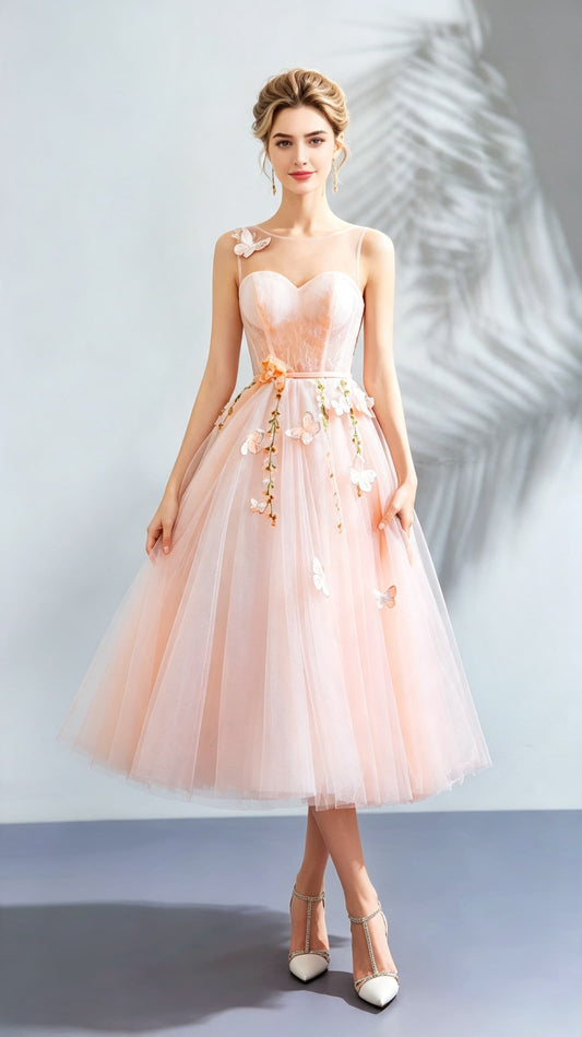 Soft A-line Pink Evening Dress Round Neck Tulle Short Formal Dress LFNC0416