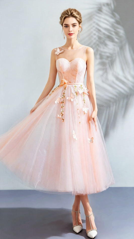 Soft A-line Pink Evening Dress Round Neck Tulle Short Formal Dress LFNC0416