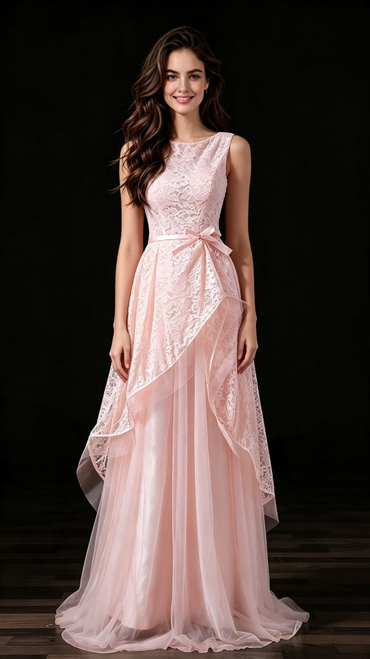 Gorgeous A-line Blush Pink  Evening Dress Round Neck Lace Tulle Maxi Dress LFNL0624