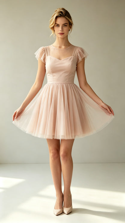 Blush pink A‑line tulle mini gown, sheer round illusion neck ruffled cap sleeves custom semi‑formal dress