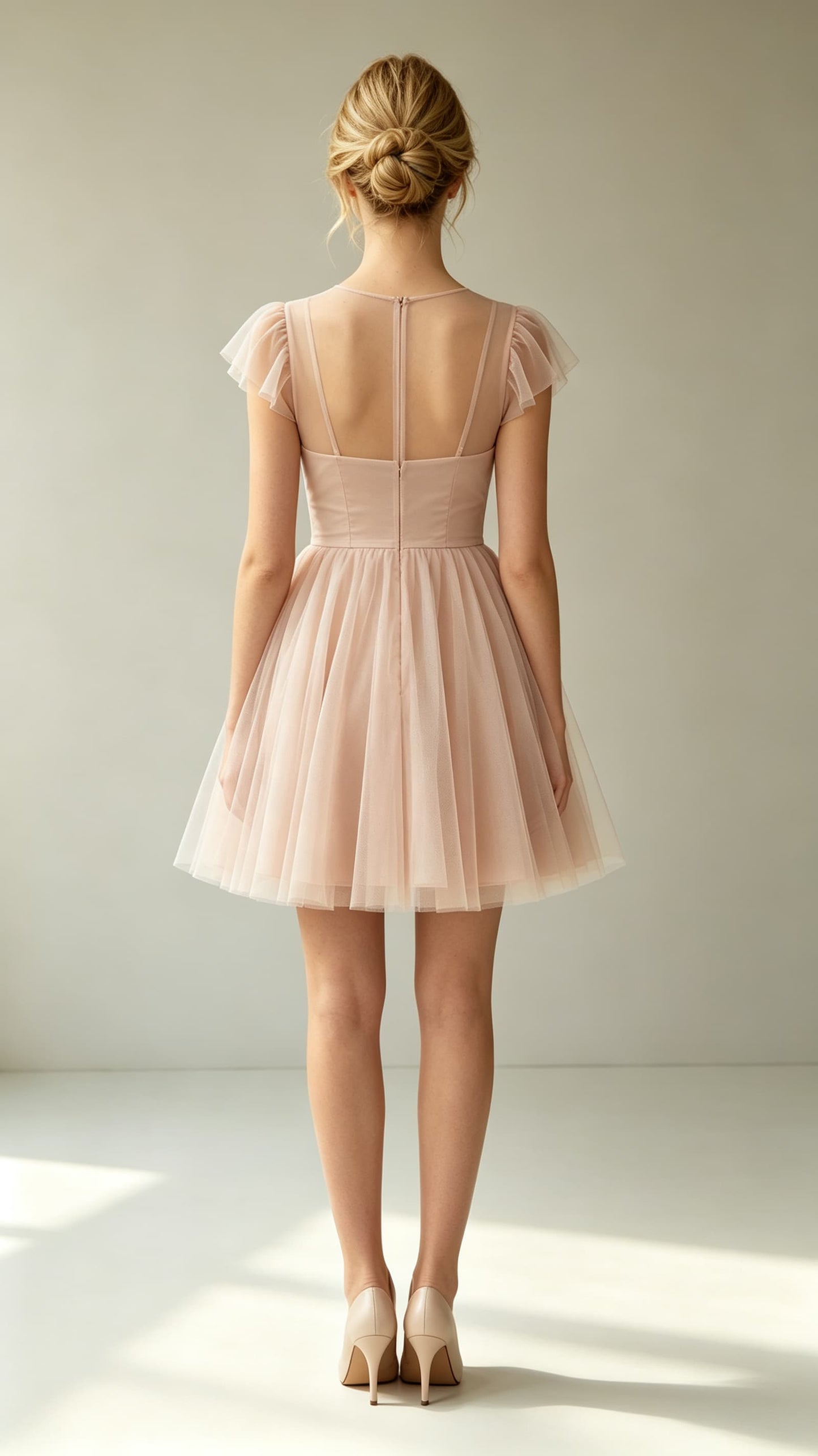 Feminine A-line Pink Evening Gowns Round neck Tulle Mini Gowns LFNL0776