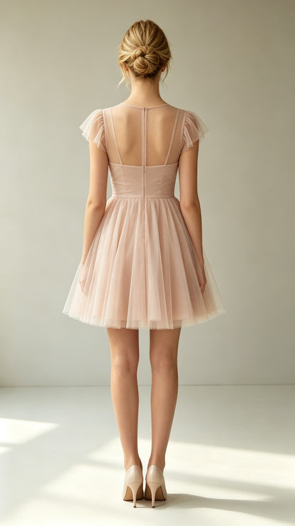 Feminine A-line Pink Evening Gowns Round neck Tulle Mini Gowns LFNL0776