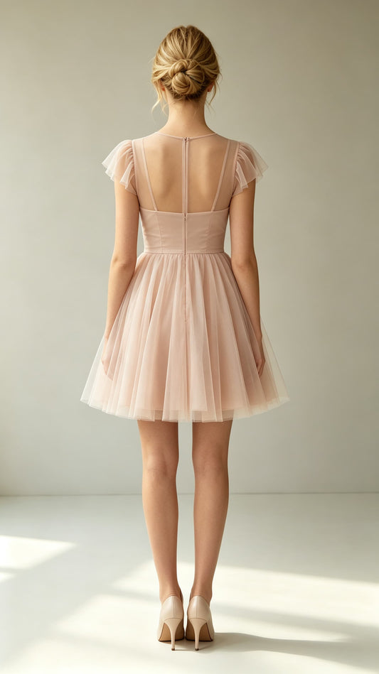 Feminine A-line Pink Evening Gowns Round neck Tulle Mini Gowns LFNL0776