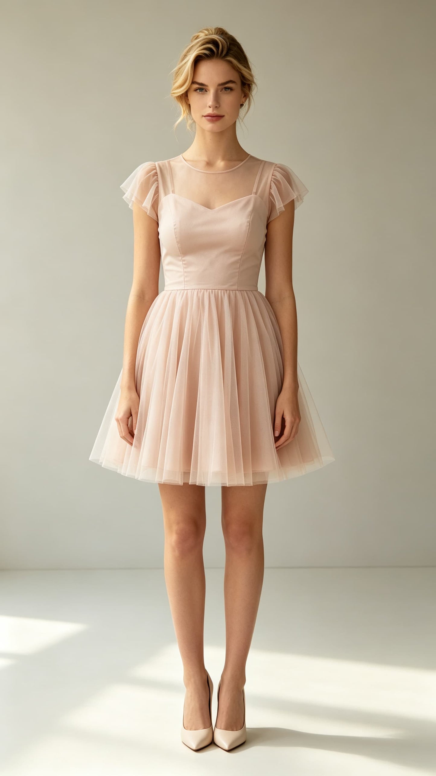 Feminine A-line Pink Evening Gowns Round neck Tulle Mini Gowns LFNL0776