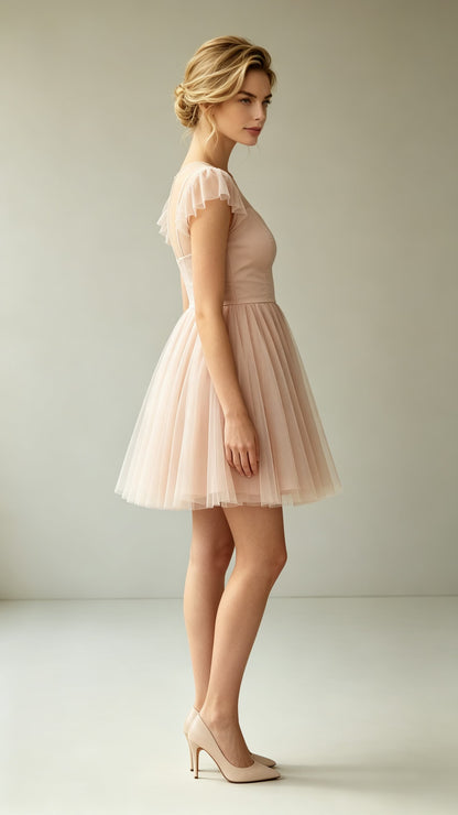 Feminine A-line Pink Evening Gowns Round neck Tulle Mini Gowns LFNL0776